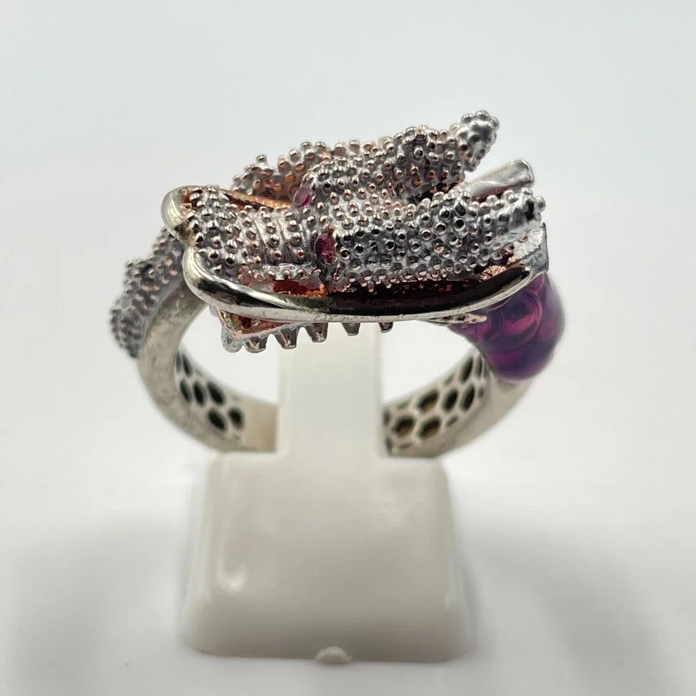 Vintage Silver Tone Textured Dragon Ring Purple Enamel Ruby Red Rhinestone Eyes